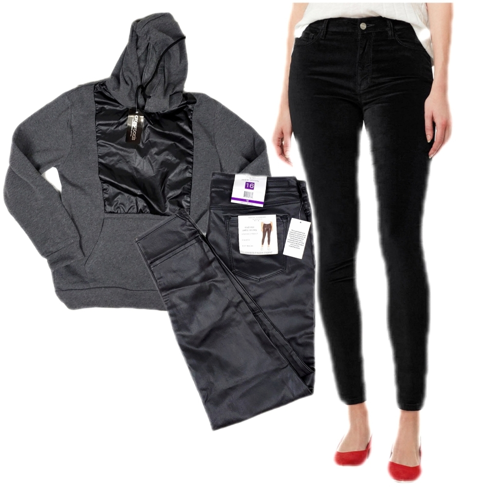 NWT Sanctuary Blk Coated Skinny Jeans 16 + Hoodie - Picture 1 of 13
